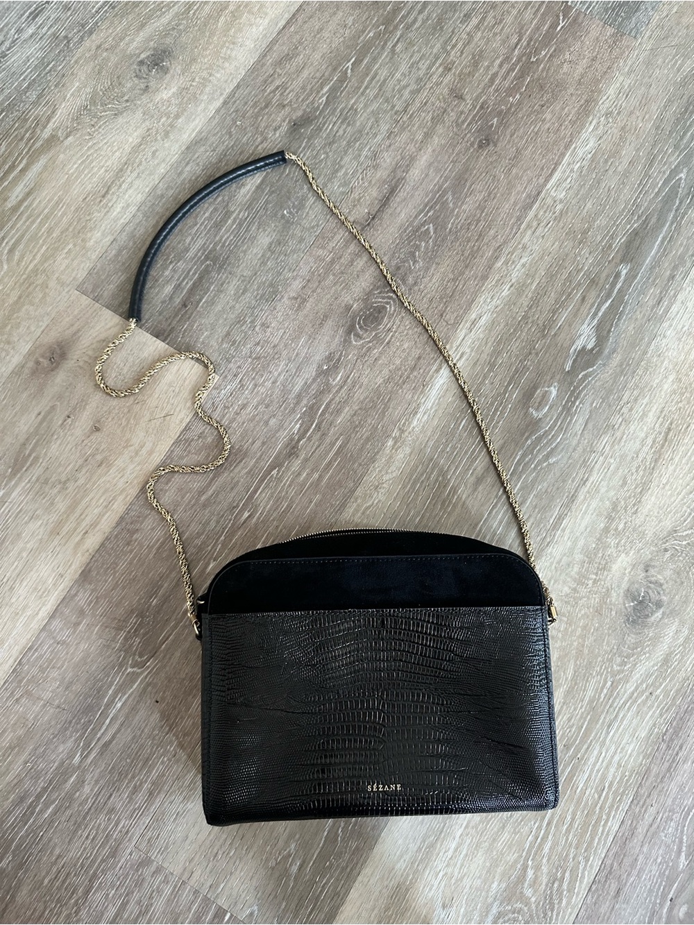 Sezane black leather suede crossbody bag